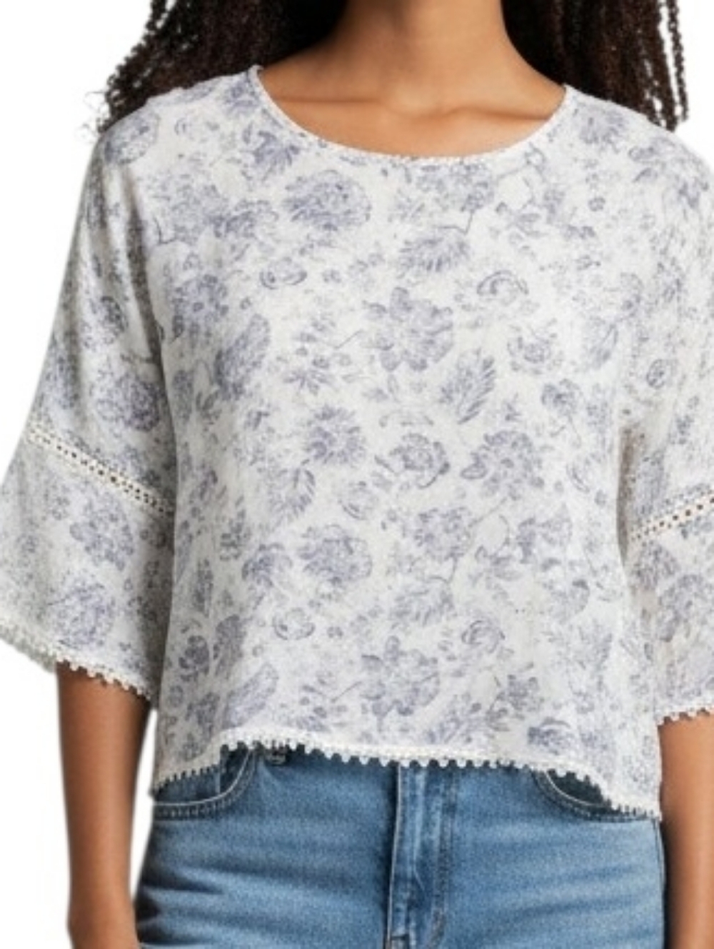 Papermoon White and Blue Floral Lace-Boho Top
